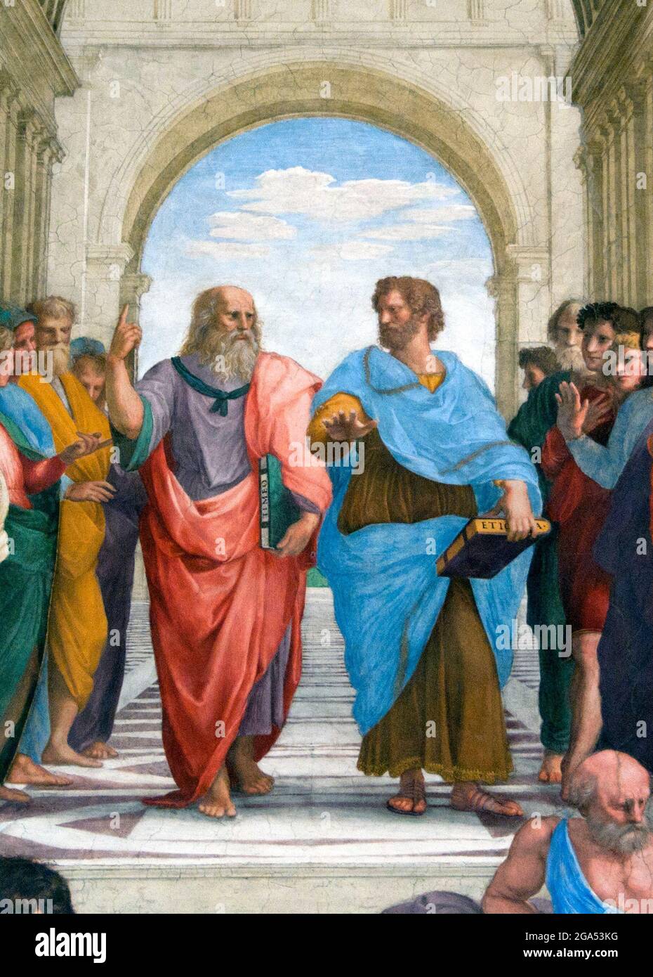 Italy: Central detail from 'The School of Athens', featuring Greek philosophers Plato (red robe) and Aristotle (blue robe). Raphael (1483 - 1520), painted between 1509–1511 (Apostolic Palace, Vatican City).  'The School of Athens', or Scuola di Atene in Italian, is one of the most famous frescoes by the Italian Renaissance artist Raphael. It was painted between 1509 and 1511 as a part of Raphael's commission to decorate with frescoes the rooms now known as the Stanze di Raffaello, in the Apostolic Palace in the Vatican. Stock Photo
