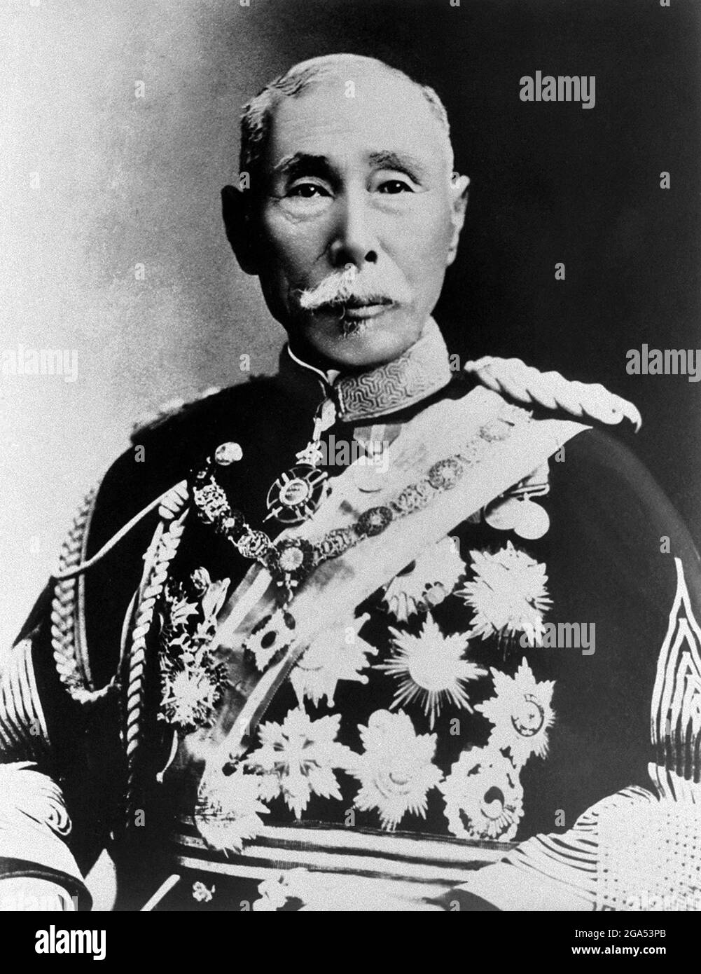 Japan: Aritomo Yamagata  (14 June 1838 – 1 February 1922), Prime Minister of Japan from 1909 to 1922.  Prince Yamagata Aritomo, also known as Yamagata Kyōsuke, was a Japanese field marshal, twice-elected Prime Minister of Japan, and one of the leaders of the Meiji oligarchy. As the Imperial Japanese Army’s inaugural Chief of Staff, he was the main architect of the military foundation of early modern Japan. Stock Photo