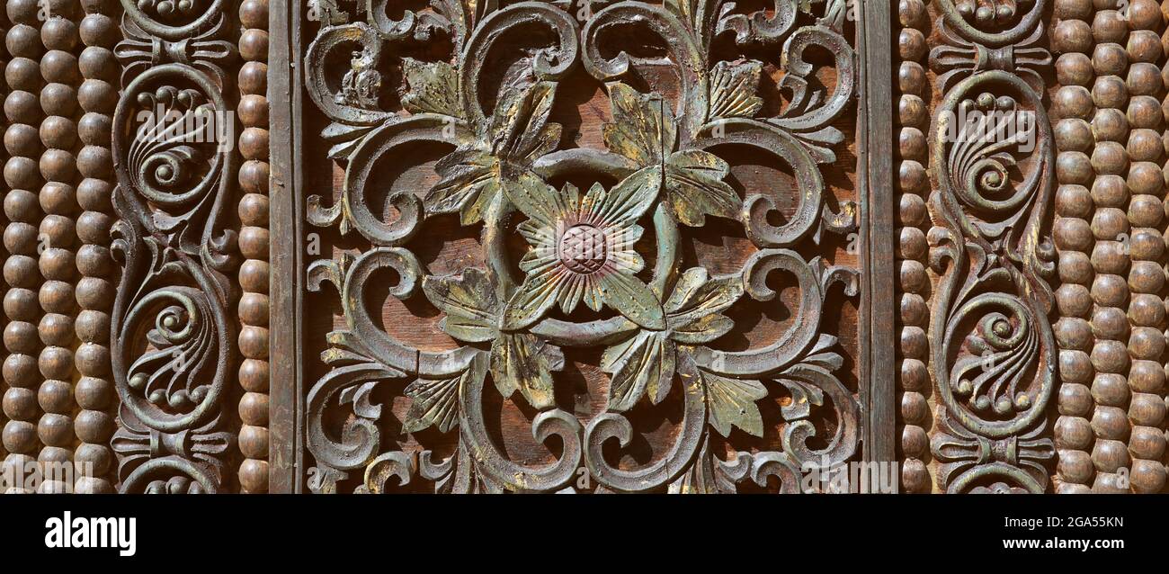 Beautiful wood carving, handmade door in muslim oriental style. Stock Photo