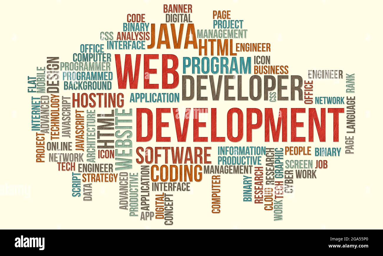 Business Concept Background, Web Development Word Cloud Stock Photo