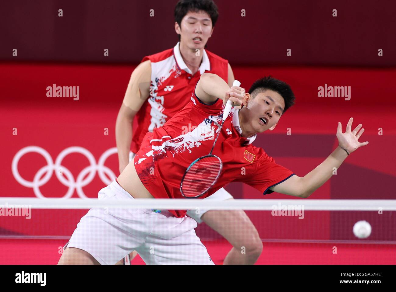 Tokyo, Japan. 29th July, 2021. Liu Yuchen (front) and Li Junhui of China  compete during the Tokyo 2020 men's doubles quarterfinal of badminton in  Tokyo, Japan, July 29, 2021. Credit: Yang Lei/Xinhua/Alamy