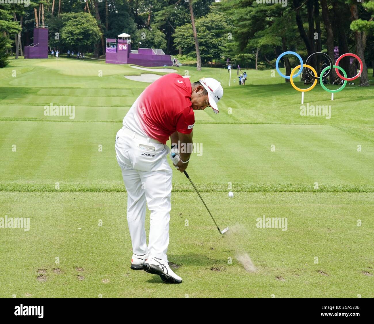 Hideki Matsuyama of Japan hits off the 16th tee during the opening round of the Tokyo Olympic men's golf tournament on July 29, 2021, at Kasumigaseki Country Club in Kawagoe, Saitama Prefecture, near Tokyo. (Kyodo)==Kyodo Photo via Credit: Newscom/Alamy Live News Stock Photo