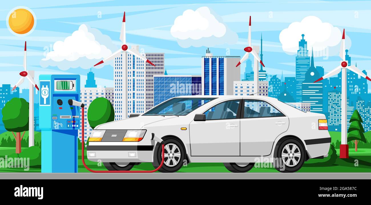 White Electric Car Charging at Charger Station Stock Vector Image & Art ...