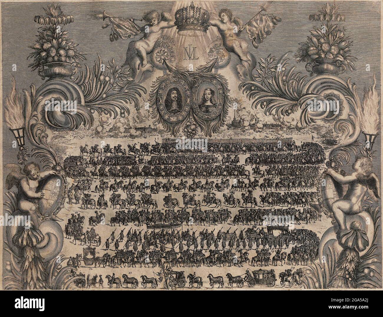 Germany: 'Emperor Leopold's Wedding with Margaret Theresa of Spain, 1666/1667', copper engraving, c. 1660s. Leopold I (1640-1705) was the second son of Emperor Ferdinand III, and became heir apparent after the death of his older brother, Ferdinand IV. He was elected Holy Roman Emperor in 1658 after his father's death, and by then had also already become Archduke of Austria and claimed the crowns of Germany, Croatia, Bohemia and Hungary. Stock Photo