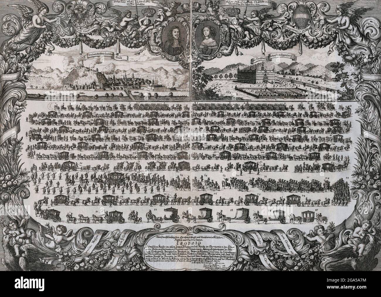 Germany: 'Emperor Leopold's Wedding with Claudia Felicitas of Austria, Graz, 15 October 1673', copper engraving by Cornelis Meyssens and Johann Martin Lerch (1643-1693), c. 1673. Leopold I (1640-1705) was the second son of Emperor Ferdinand III, and became heir apparent after the death of his older brother, Ferdinand IV. He was elected Holy Roman Emperor in 1658 after his father's death, and by then had also already become Archduke of Austria and claimed the crowns of Germany, Croatia, Bohemia and Hungary. Stock Photo