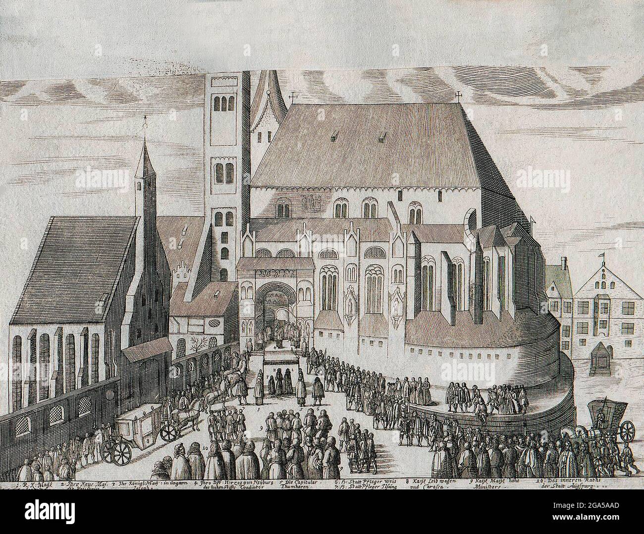Germany: 'Entry of Emperor Leopold I, his Wife Eleonore Magdalene and King Joseph I to the Augsburg Cathedral', copper engraving, c. 1689. Leopold I (1640-1705) was the second son of Emperor Ferdinand III, and became heir apparent after the death of his older brother, Ferdinand IV. He was elected Holy Roman Emperor in 1658 after his father's death, and by then had also already become Archduke of Austria and claimed the crowns of Germany, Croatia, Bohemia and Hungary. Stock Photo