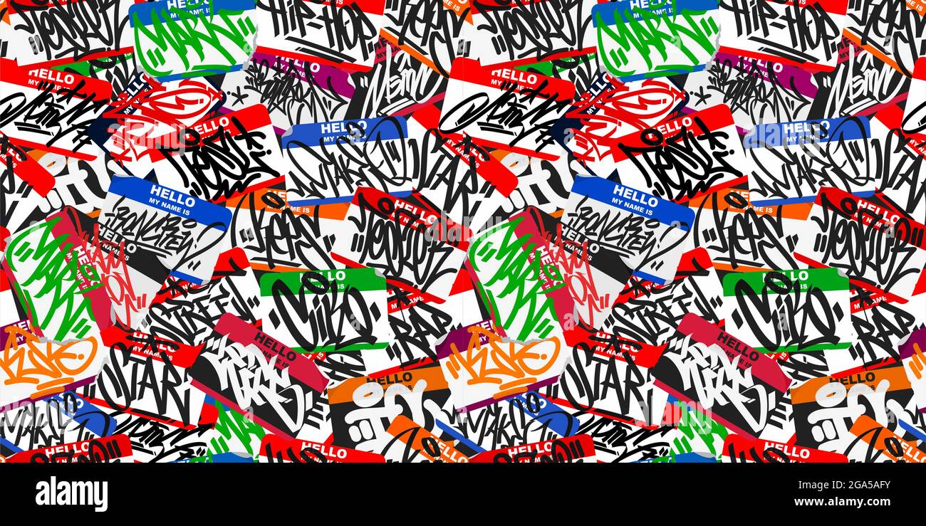 Seamless Colorful Abstract Urban Graffiti Style Sticker Bombing Hello My Name Is With Some Street Art Lettering Vector Illustration Art Stock Vector