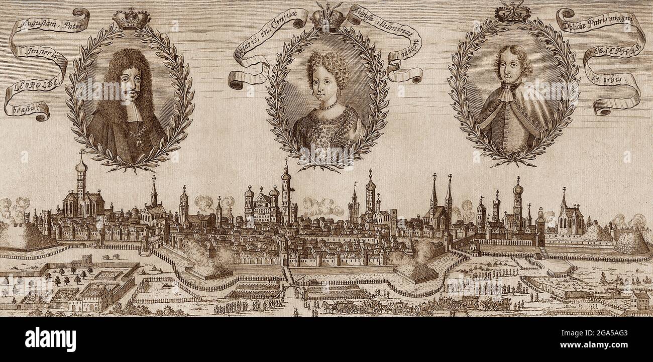 Germany: Portrait medallions of Leopold I (1640-1705), 37th Holy Roman emperor, his wife Eleonore Magdalene and his son King Joseph I, over a view of Augsburg. Copper engraving, c. 1689. Leopold I was the second son of Emperor Ferdinand III, and became heir apparent after the death of his older brother, Ferdinand IV. He was elected Holy Roman Emperor in 1658 after his father's death, and by then had also already become Archduke of Austria and claimed the crowns of Germany, Croatia, Bohemia and Hungary. Stock Photo