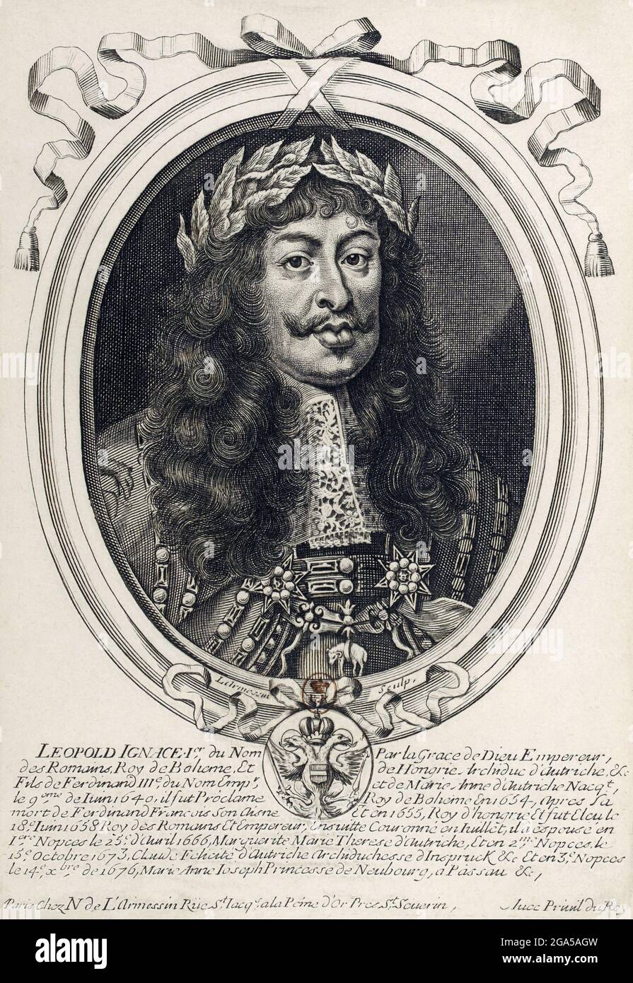 Germany: Copper engraving of Leopold I (1640-1705), 37th Holy Roman emperor, by Nicolas II de Larmessin (1632-1694), c. 1690. Leopold I was the second son of Emperor Ferdinand III, and became heir apparent after the death of his older brother, Ferdinand IV. He was elected Holy Roman Emperor in 1658 after his father's death, and by then had also already become Archduke of Austria and claimed the crowns of Germany, Croatia, Bohemia and Hungary. Stock Photo