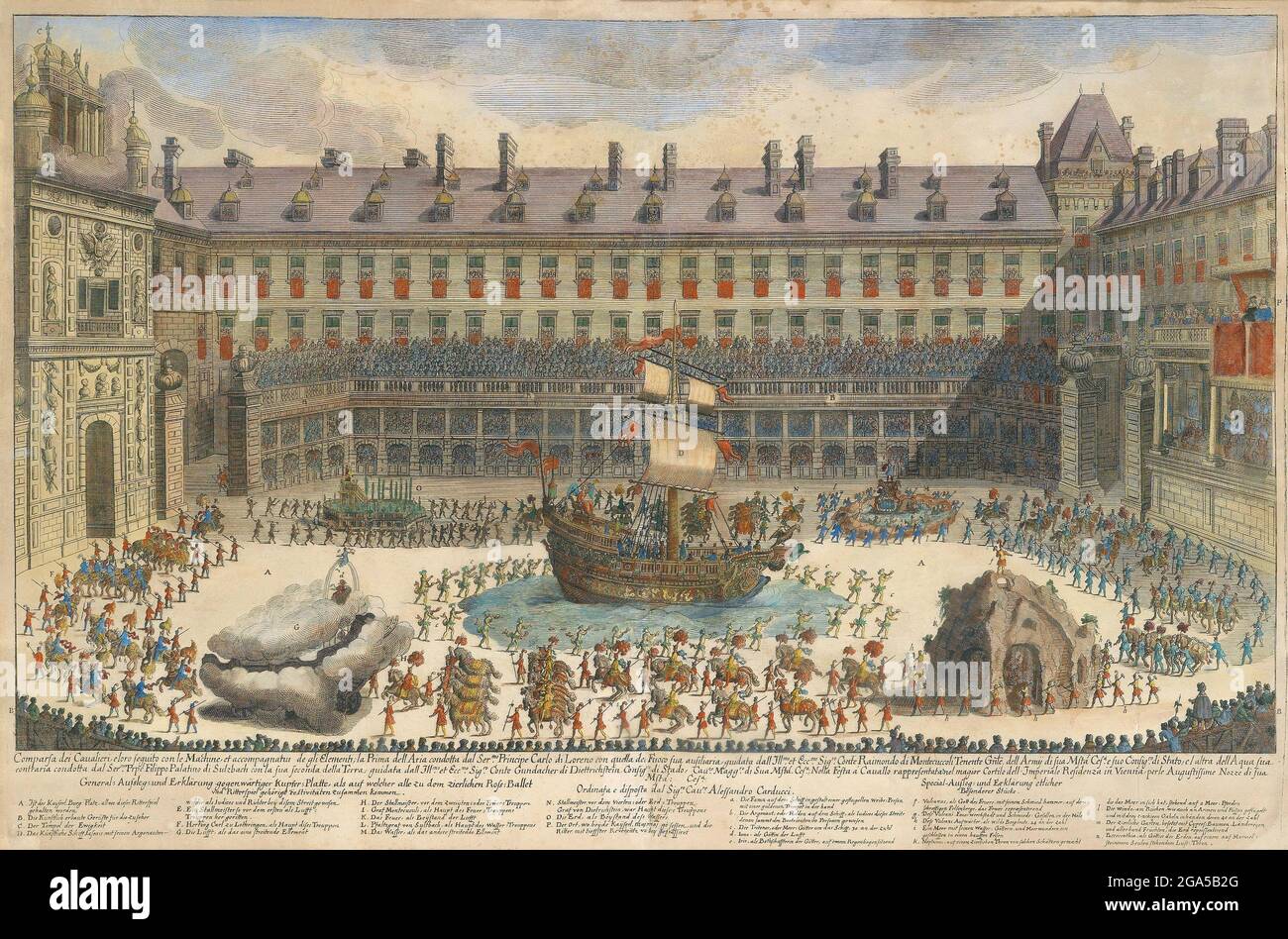 Germany: 'Court Performance and Festive Parade in Honour of the Wedding of Emperor Leopold I with Margaret Theresa of Spain in December 1666', illustration by Francesco Sbarra (1611-1668), c. 1667, Florence. Leopold I (1640-1705) was the second son of Emperor Ferdinand III, and became heir apparent after the death of his older brother, Ferdinand IV. He was elected Holy Roman Emperor in 1658 after his father's death, and by then had also already become Archduke of Austria and claimed the crowns of Germany, Croatia, Bohemia and Hungary. Stock Photo
