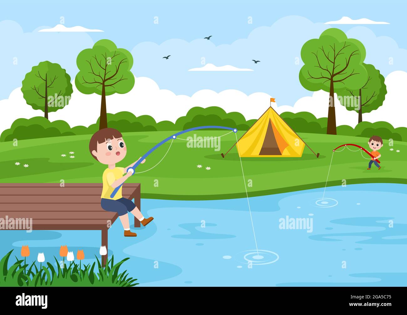 Children Fishing Fish By The River While Enjoying Quality Time At Summer  Day With Hill Or Mountain View. Background Vector Illustration Stock Vector  Image & Art - Alamy