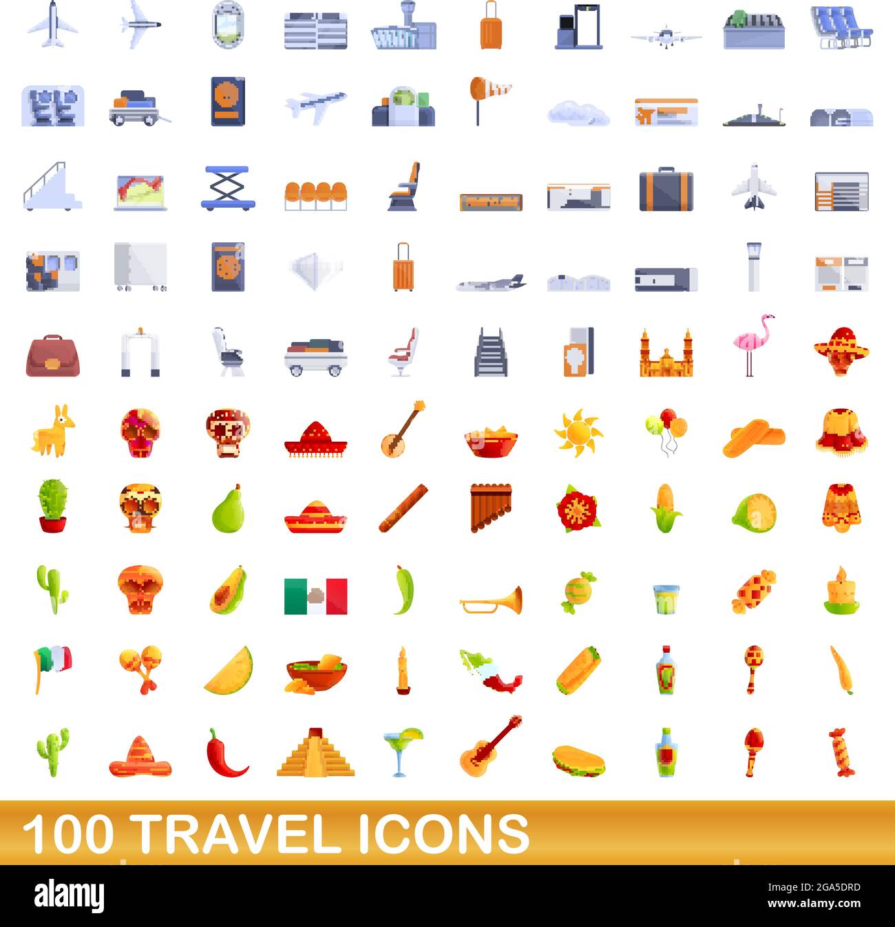 100 travel icons set. Cartoon illustration of 100 travel icons vector set isolated on white background Stock Vector