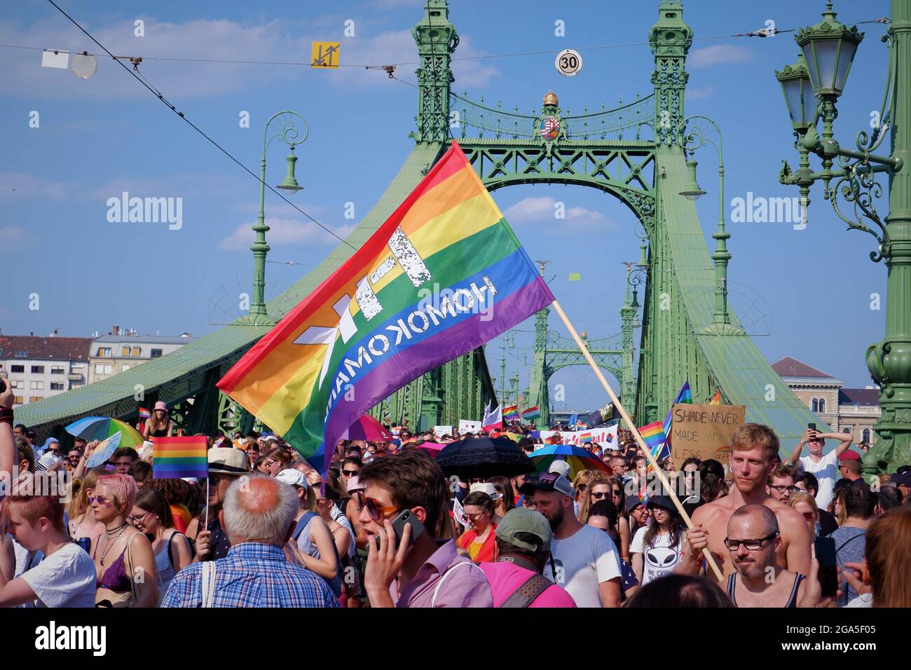 people with rinbow flag celebrate the 26. Budapest Pride March 2021 demands for better rights and equality. Stock Photo