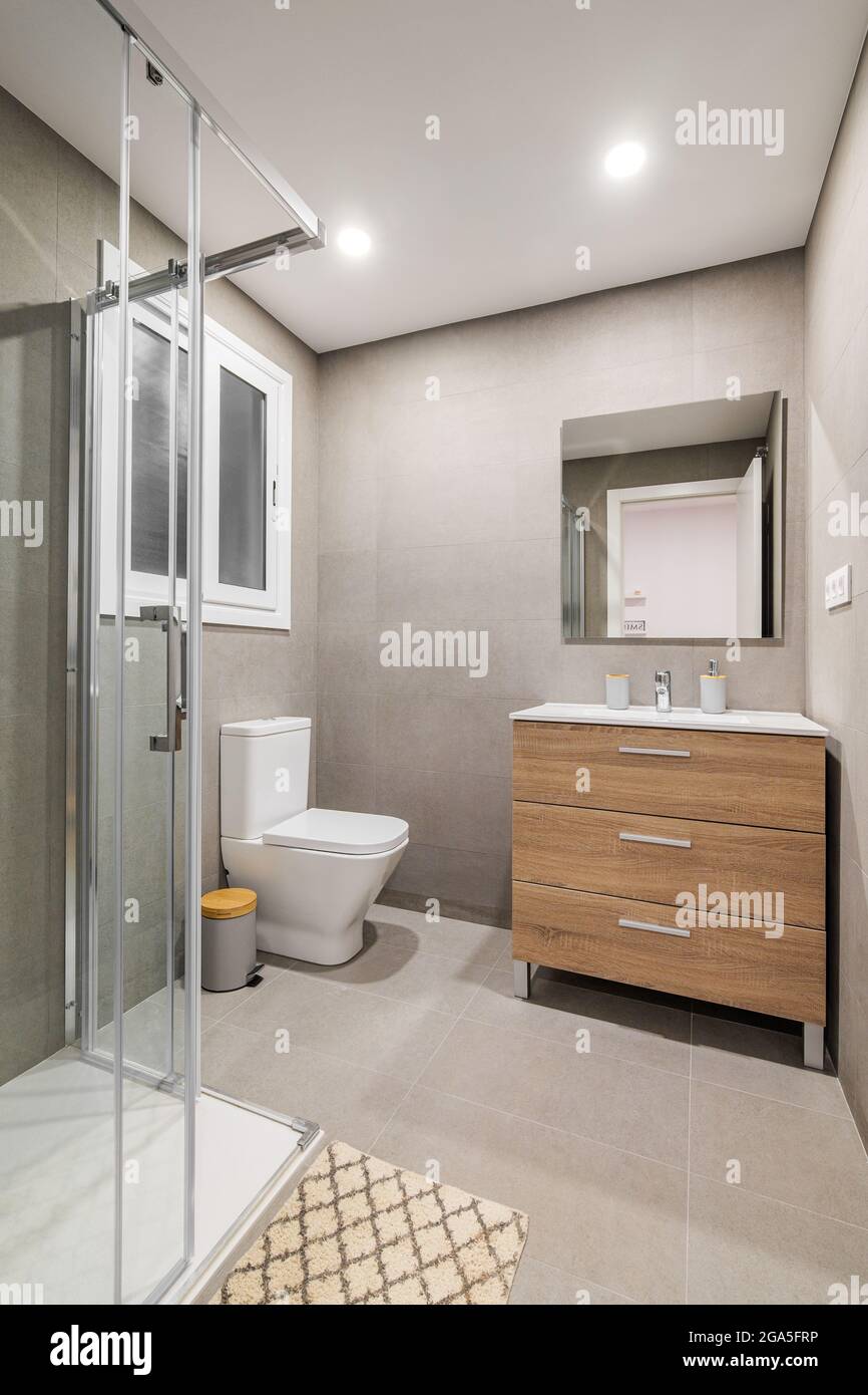 Modern refurbished bathroom with shower zone, toilet, wooden base with