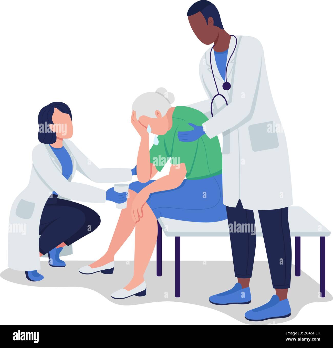 Doctors support crying old lady semi flat color vector characters Stock Vector