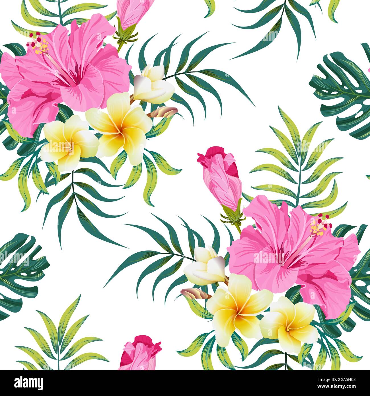 Tropical seamless pattern with pink hibiscus and plumeria flowers and ...