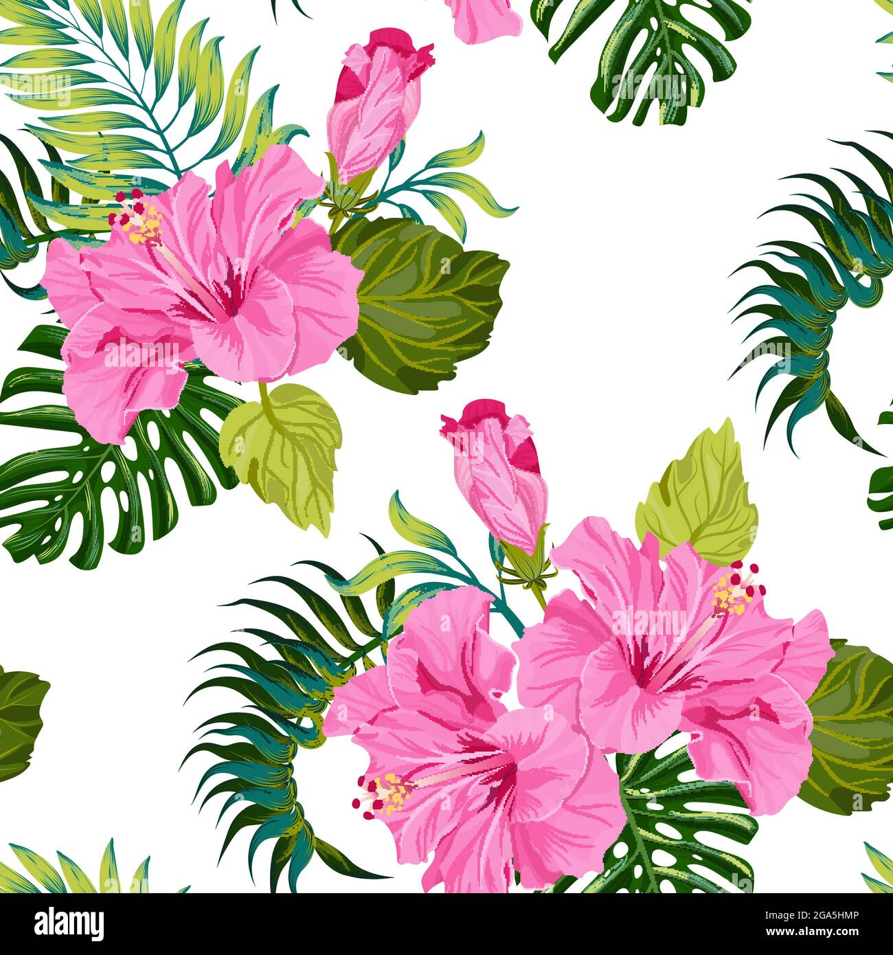 Tropical seamless pattern with pink hibiscus flowers and green palm ...