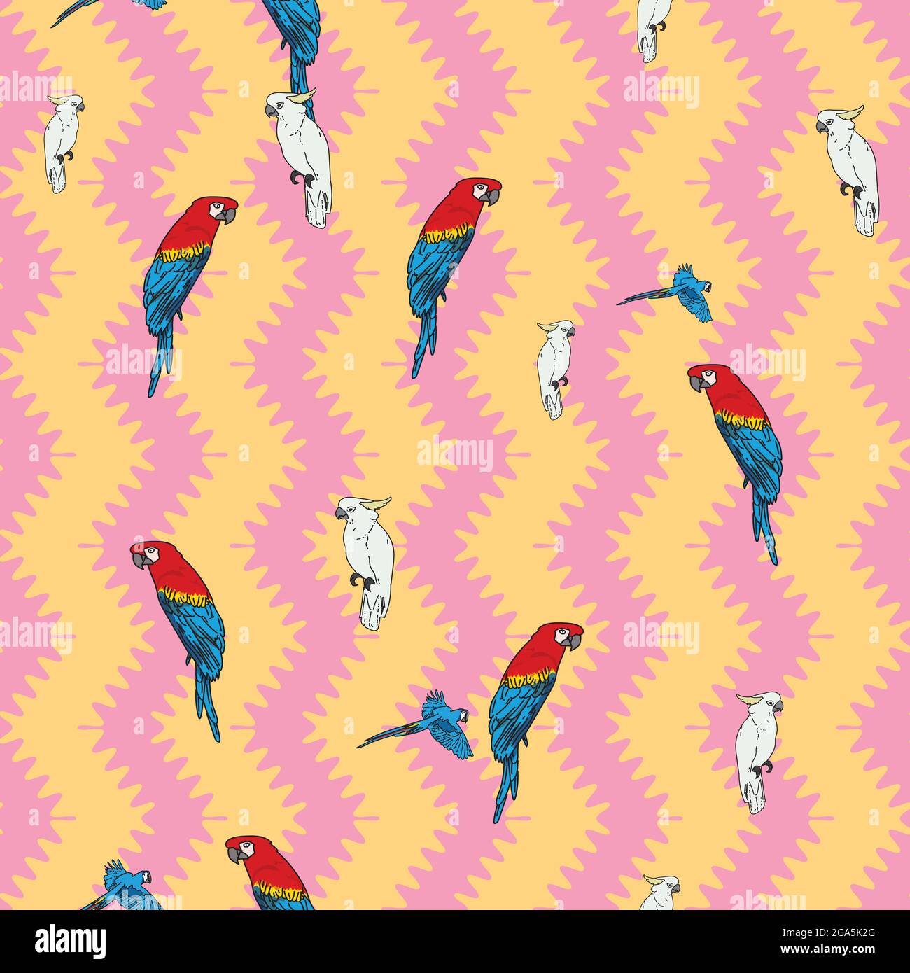Vector orange background tropical birds, parrots, macaw, exotic cockatoo birds. Seamless pattern background Stock Vector