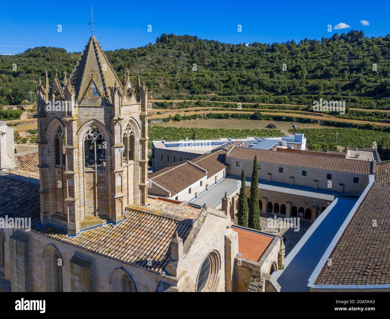 Aerial view of Vallbona de les Monges LLeida Catalonia Spain. Vallbona Abbey, otherwise the Monastery of Santa Maria de Vallbona is a Cistercian nunne Stock Photo