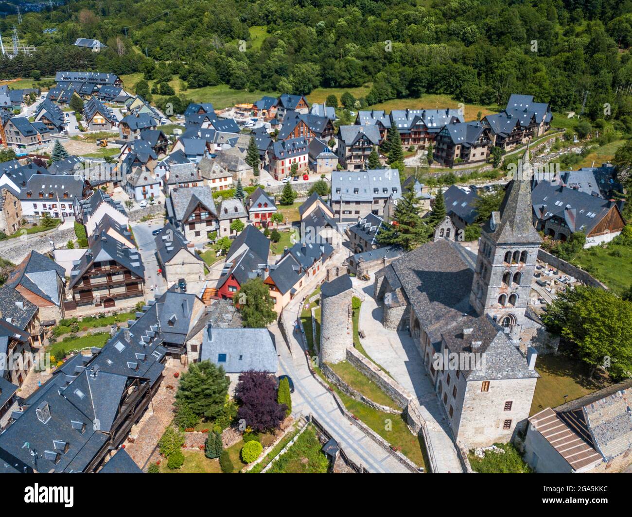 Aerial view of Arties village Viella, Val d'Aran, Aran Valley in Aran Valley in Pyrenees Lleida Catalonia Spain.   The town of Arties of 524 inhabitan Stock Photo