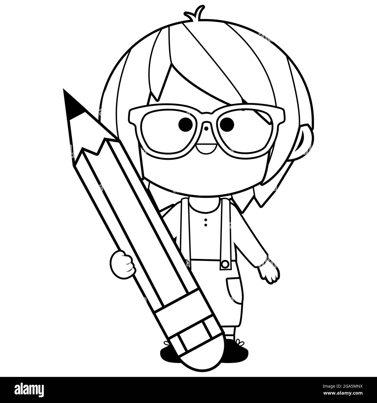 Little boy student holding a big pencil. Black and white coloring page. Stock Photo