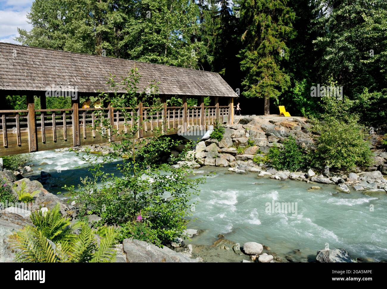Bridge over Fitzimmons Creek in Whistler, BC, Canada, in the summer. Stock Photo