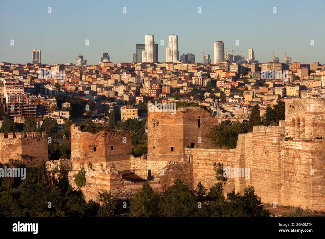 Modern Istanbul cityscape with historical Byzantine walls Stock Photo