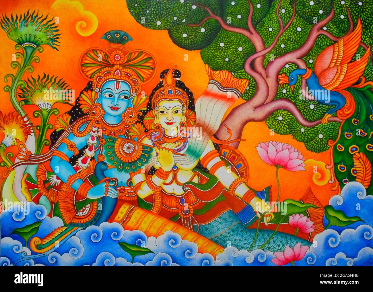 Mural painting of Lord Krishna and Radha by Mr.Sumesh Krishnan, artist and art faculty of Jeevass CMI Central School, Aluva, Kerala Stock Photo