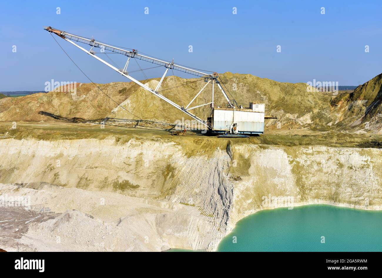 Largest Walking Dragline Excavator in the chalk quarry. Big Muskie in open pit mining. Mining