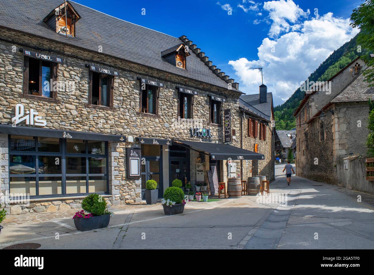 Trebol bar and restaurant in Arties village Viella, Val d'Aran, Aran Valley in Aran Valley in Pyrenees Lleida Catalonia Spain.   The town of Arties of Stock Photo