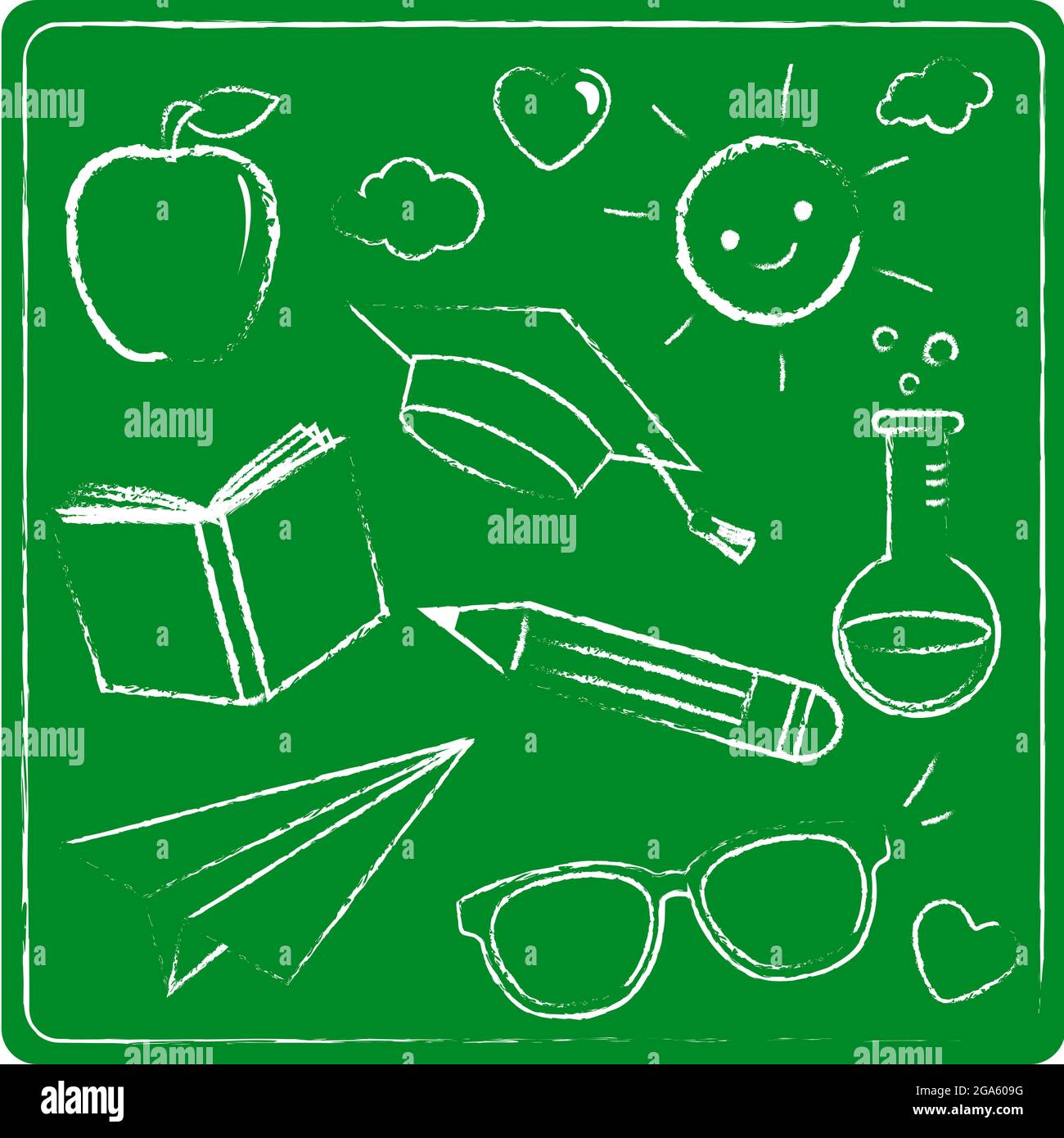 School themed sketch icons on green chalkboard. Stock Photo