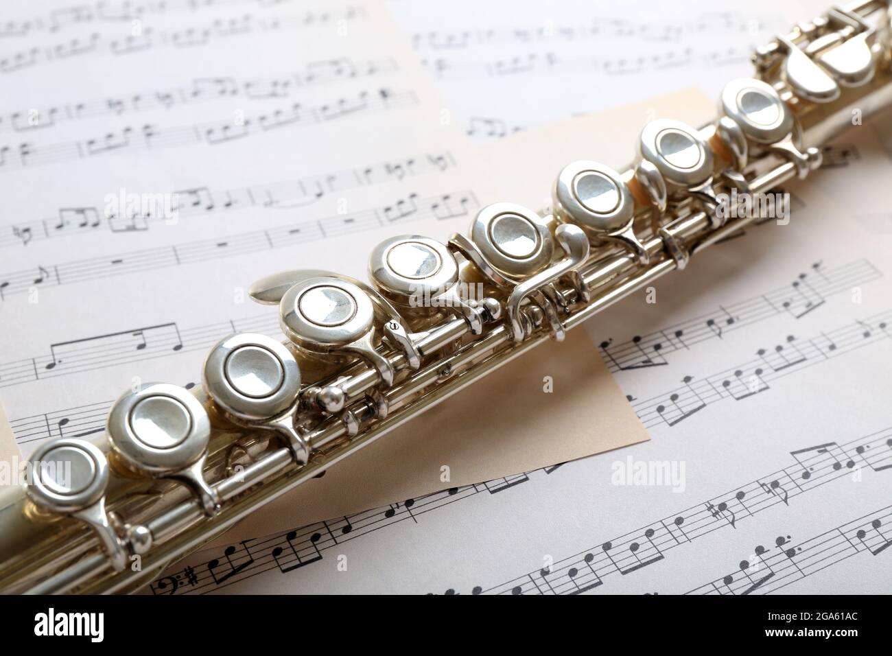 Flute on music notes background Stock Photo - Alamy