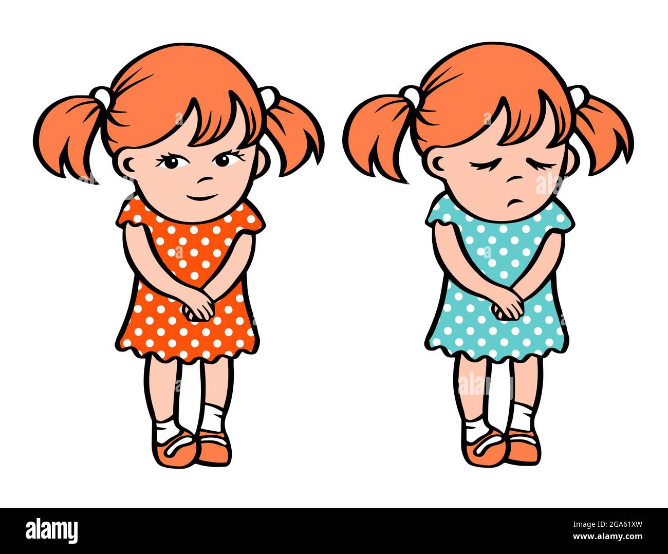 Little sad and smile girls in a dress. Stands with an unhappy and happy  face. Guilt. Vector cartoon isolated illustration hand drawn Stock Vector  Image & Art - Alamy