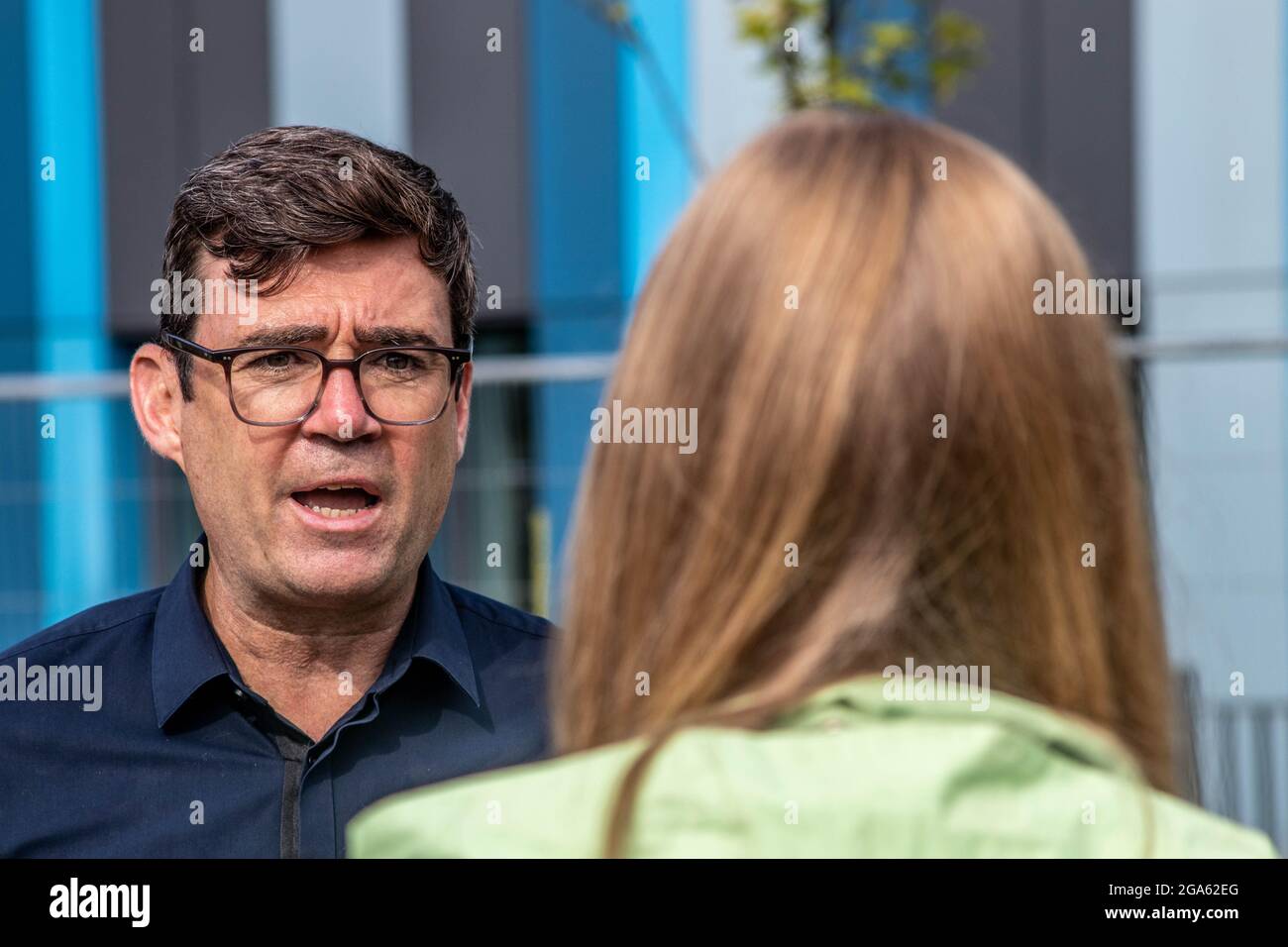 Salford, UK. 28th July, 2021. Andy Burnham, mayor of Greater Manchester speaks to a reporter during his visit to Salford Royal Hospital for the first time since the start of the pandemic to check how hospital is coping. Credit: SOPA Images Limited/Alamy Live News Stock Photo