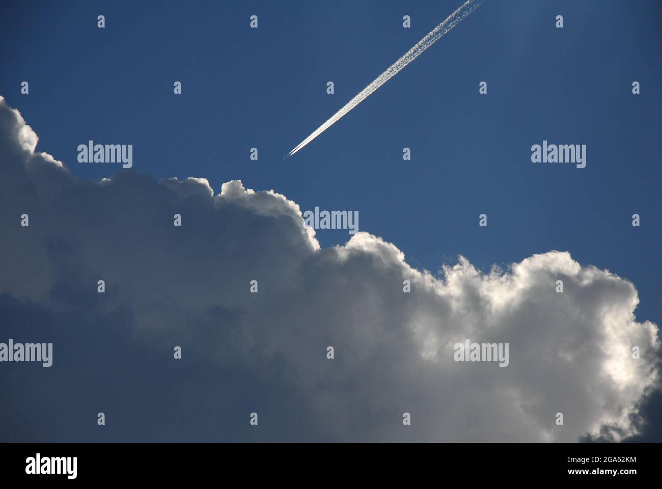 Storm clouds, sky, blue, air, summer, spring, summertime, white airplane trace, Stock Photo