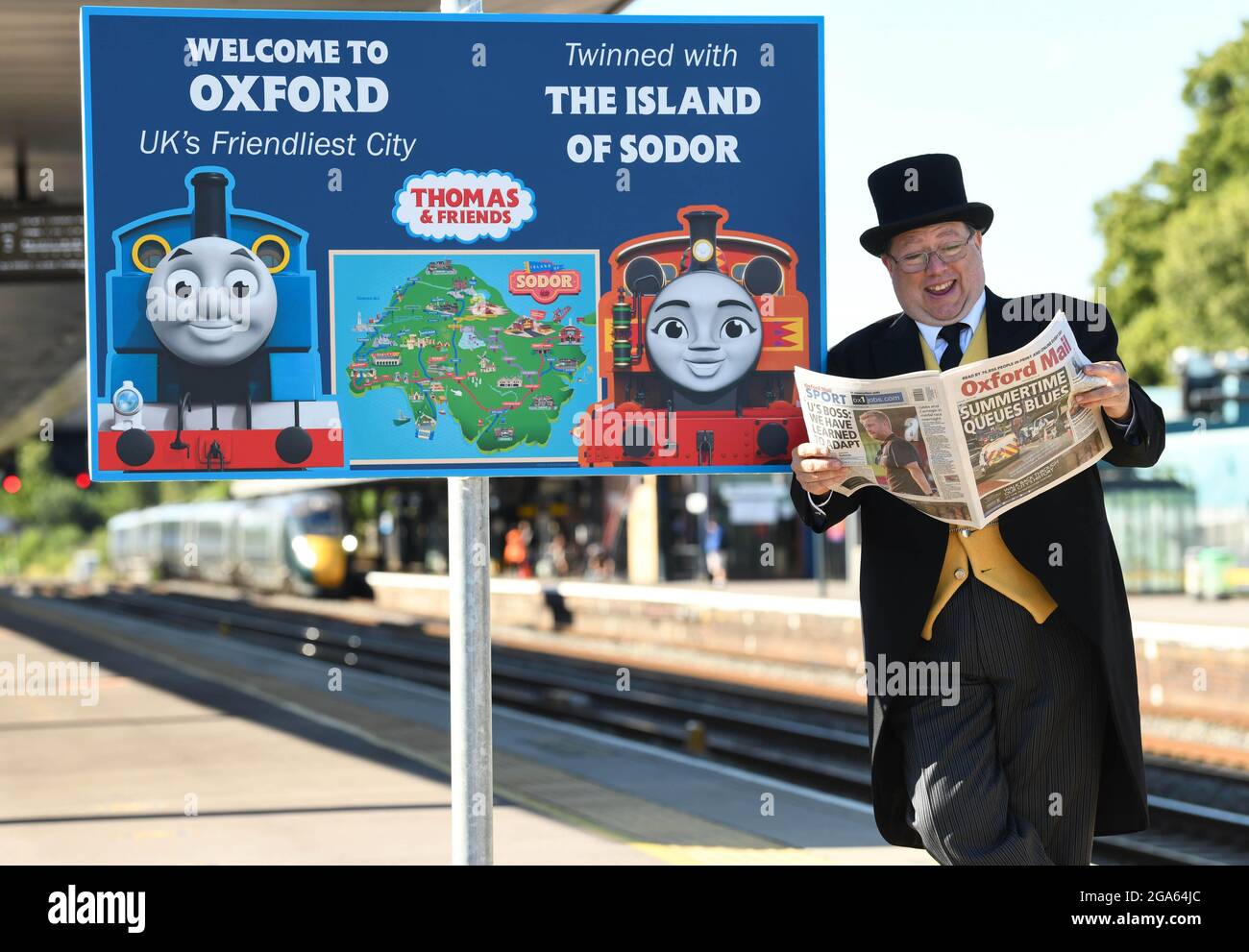 EDITORIAL USE ONLY Sir Topham Hatt, Thomas & Friends live action character  unveils a twinning sign as Oxford is twinned with the Island of Sodor, home  of Thomas the Tank Engine to