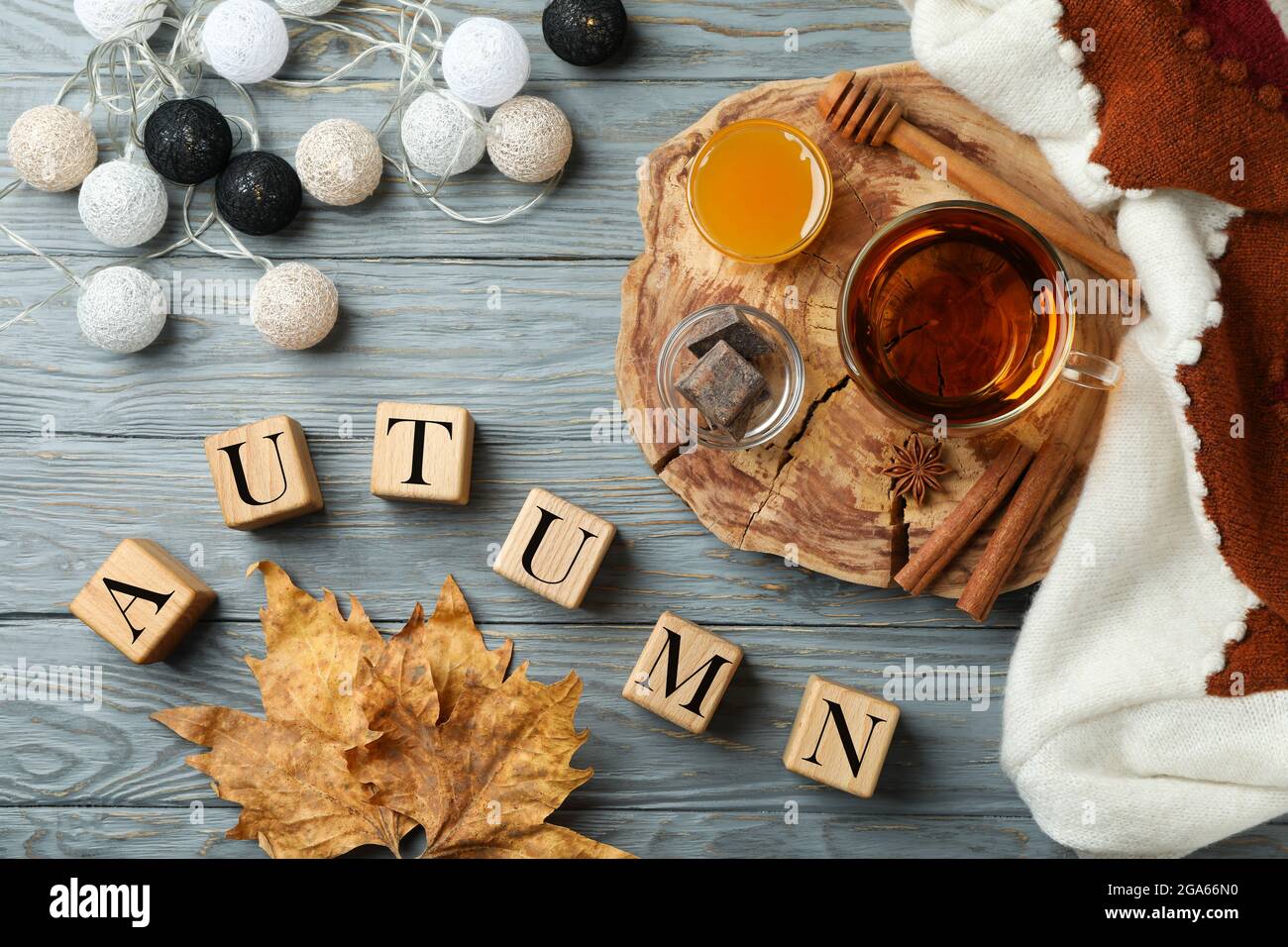 Cozy autumn concept background with tea drink Stock Photo - Alamy