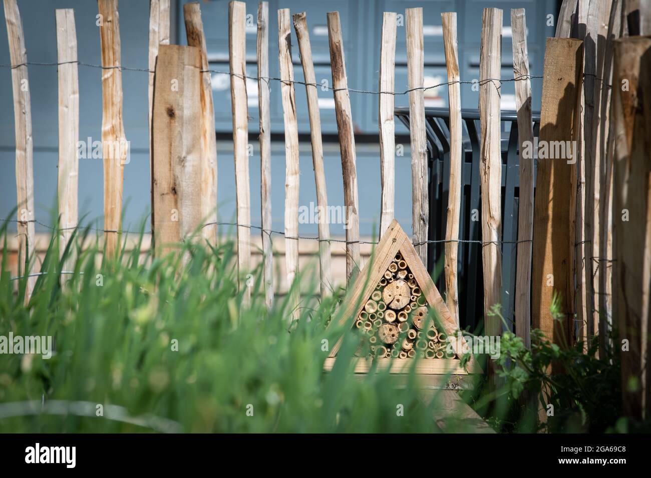 An insect shelter has been installed on the corner of the roof of a hut ...
