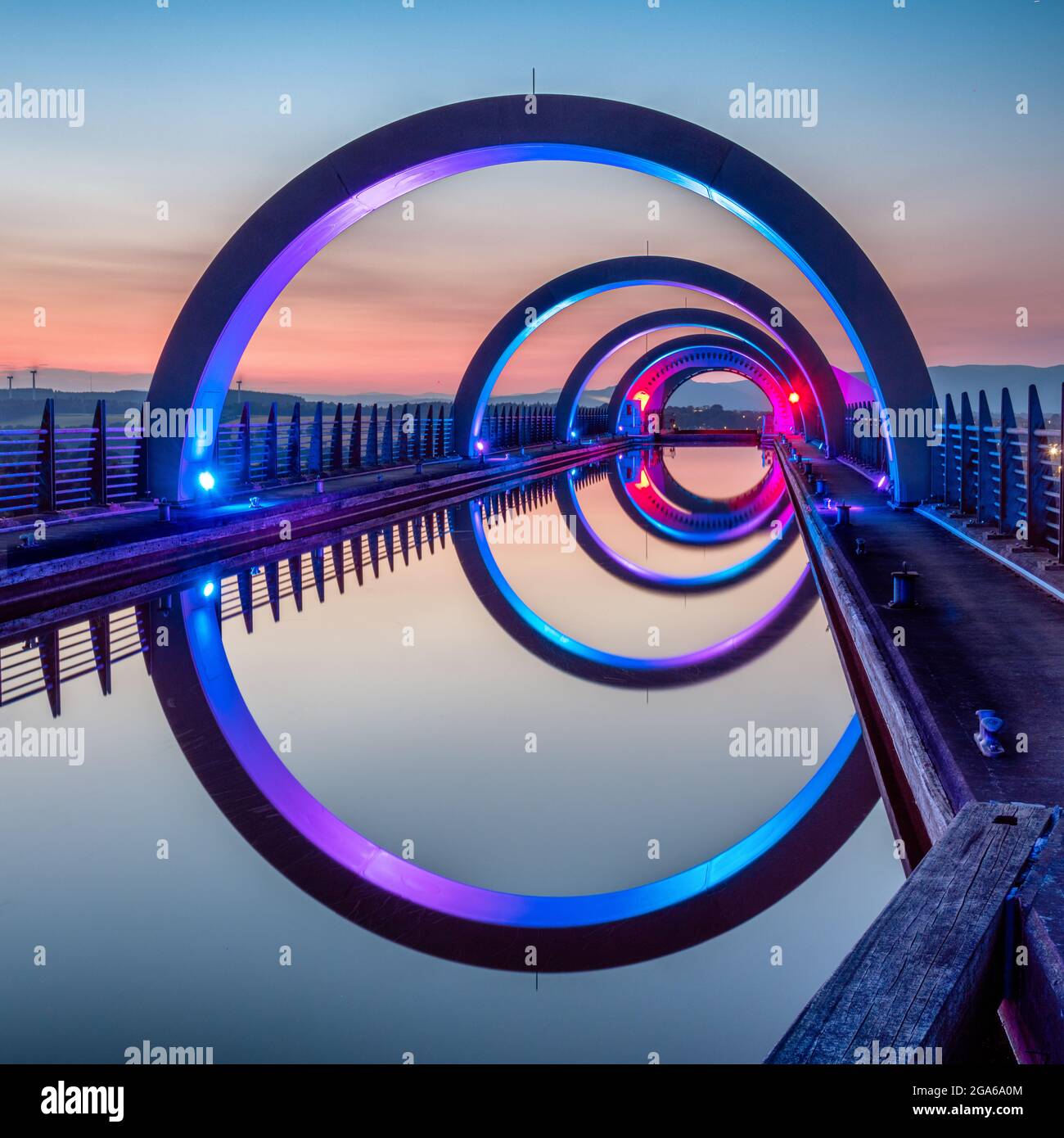 The canal leading to the top of the Falkirk Wheel. The Falkirk Wheel is a rotating boat lift in