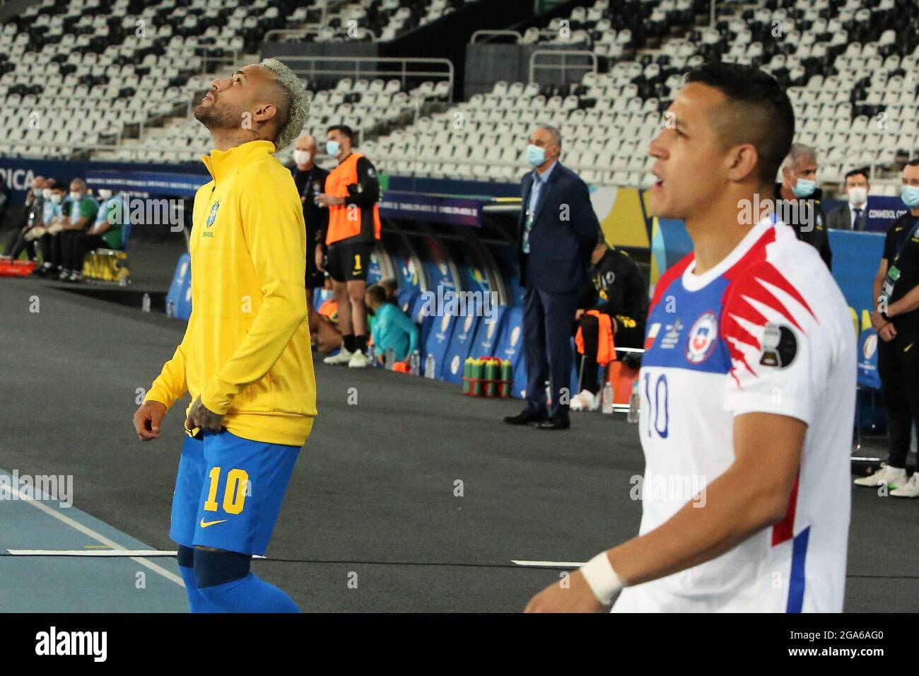 Neymar jr of Brazil and Alexis Sanchez of Chile during the Copa America  2021, quarter final football match between Brazil and Chile on July 3, 2021  at Olympic stadium in Rio de