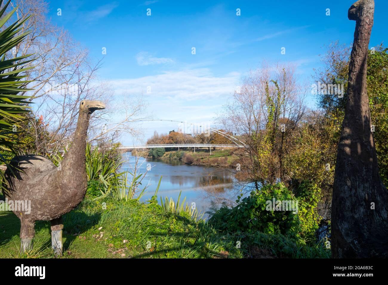 Moa statues beside Upokongaro cycle and pedestrian bridge over the Whanganui River, Upokongaro, near Whanganui, North Island, New Zealand Stock Photo