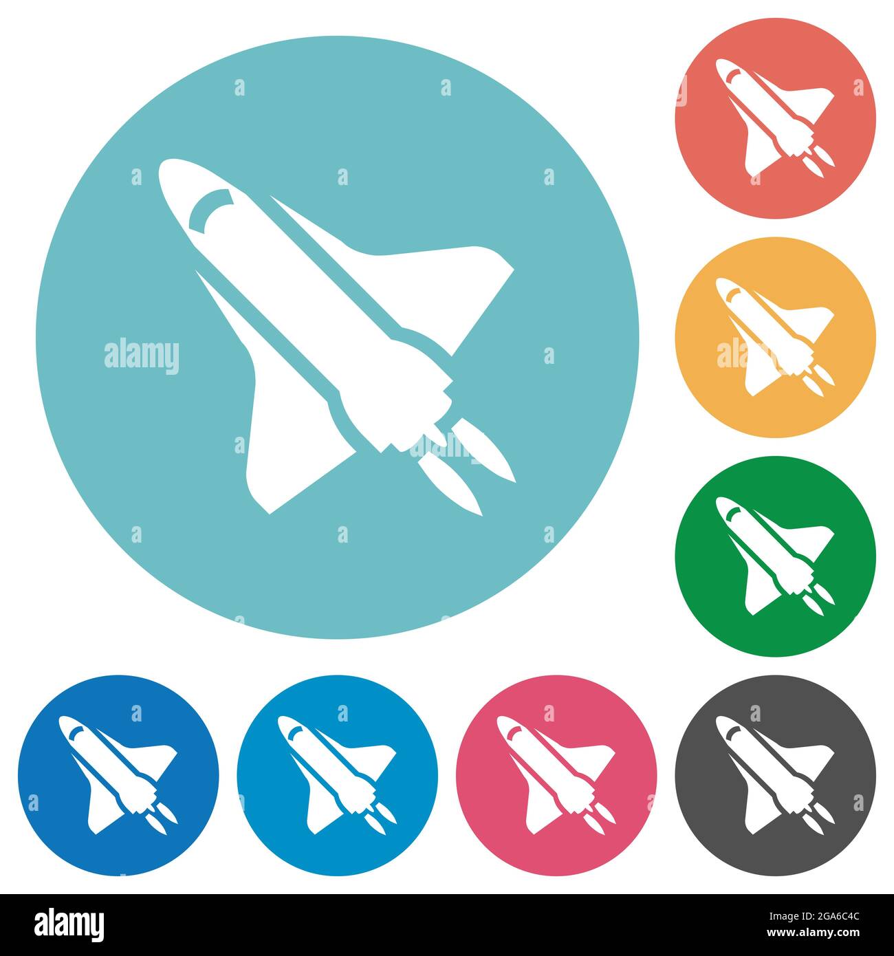 Space shuttle with propulsion flat white icons on round color ...
