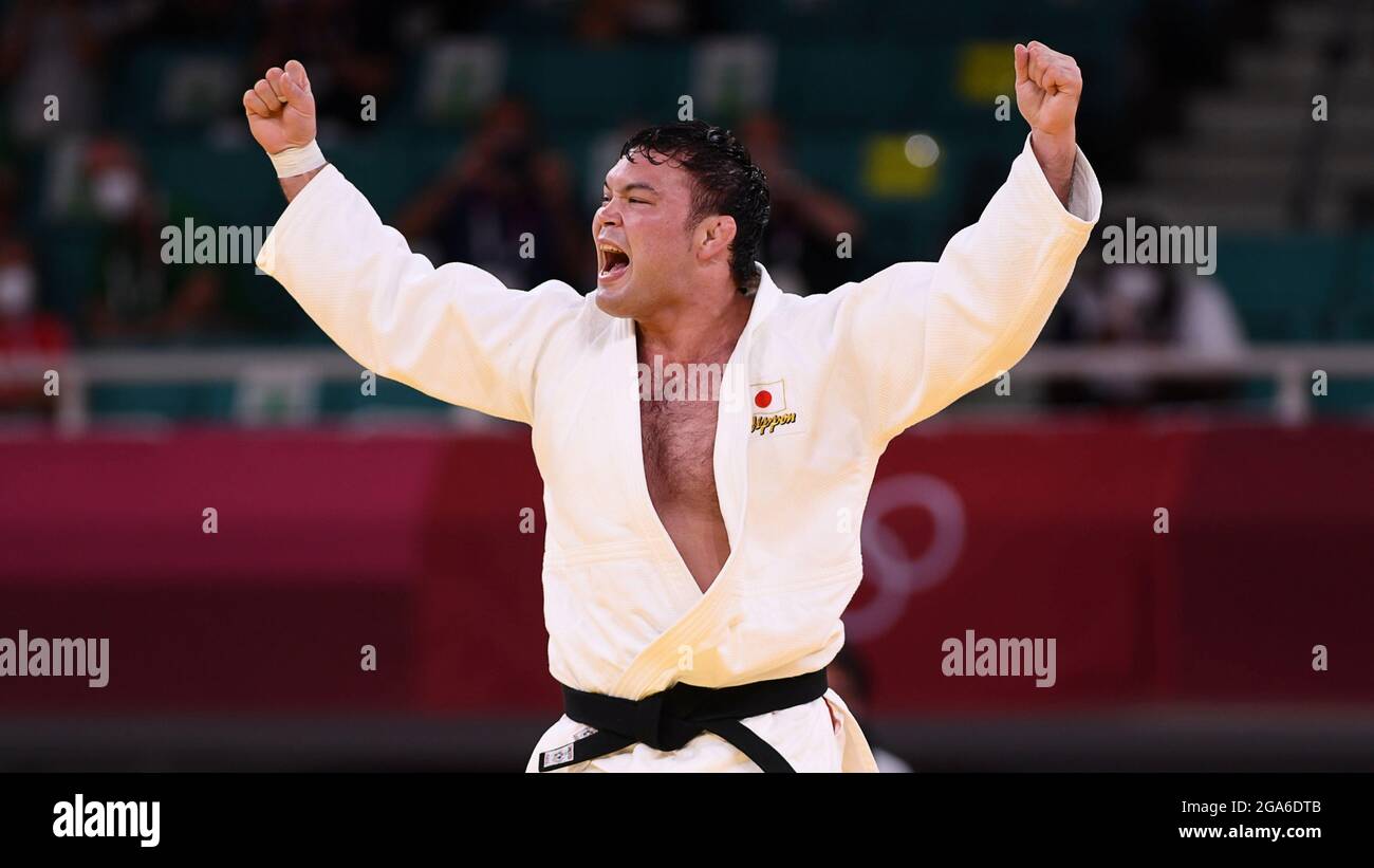 Tokyo 2020 Olympics - Judo - Men's 100kg - Gold medal match - Nippon Budokan - Tokyo, Japan - July 29, 2021. Aaron Wolf of Japan celebrates after winning gold. REUTERS/Annegret Hilse Stock Photo