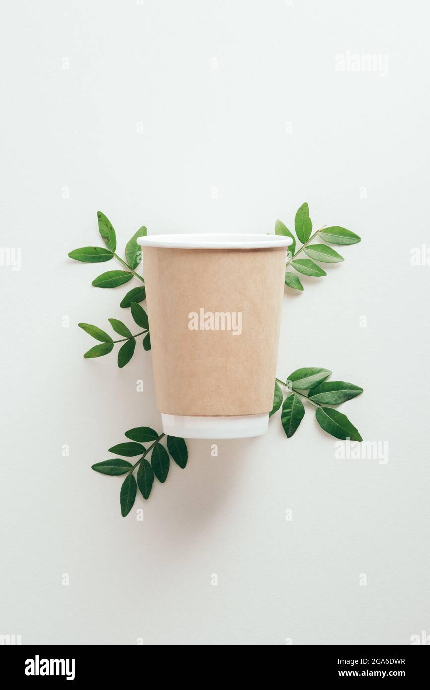 Ecofriendly disposable coffee cup with green leaves on white