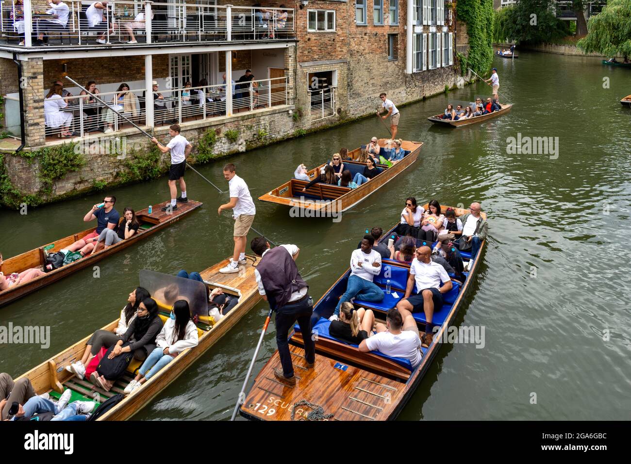 CAMBRIDGE ENGLAND RIVER CAM TOURISM UNDER MAGDALENE BRIDGE ON A SUMMER'S WEEKEND A FLOTILLA OF PUNTS AND PASSENGERS Stock Photo
