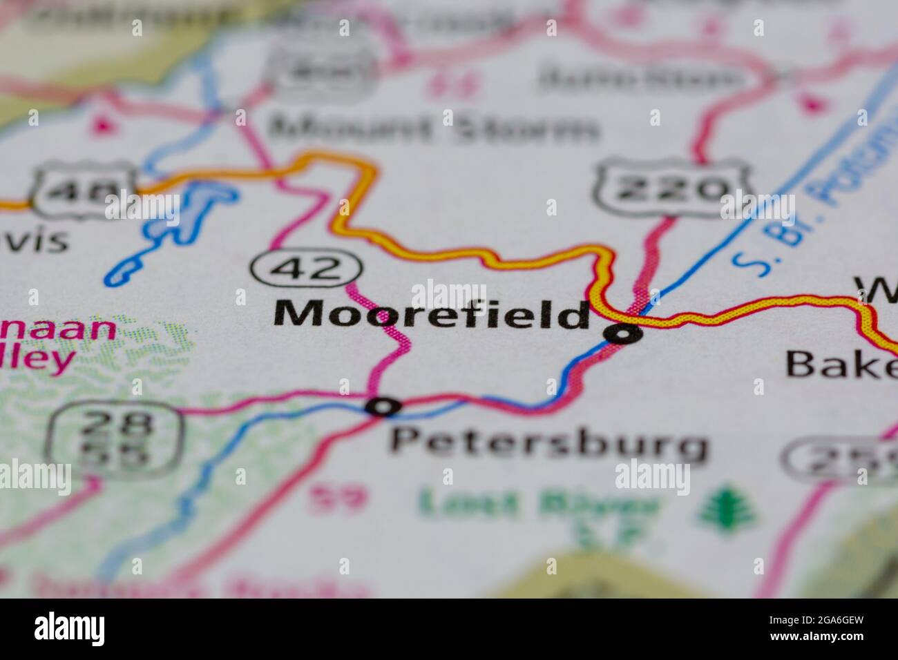 Moorefield West Virginia USA shown on a road map or Geography map Stock Photo