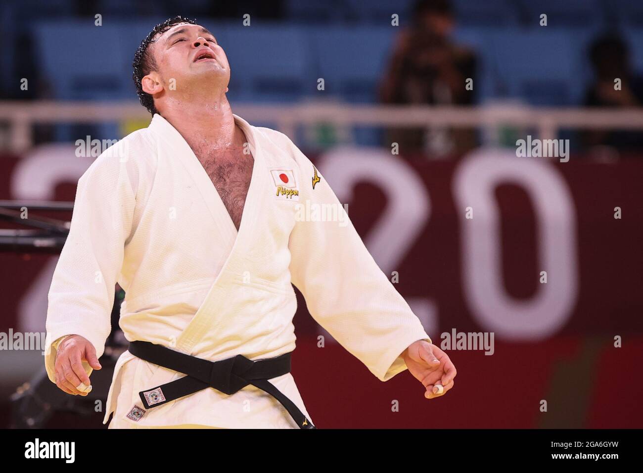 Tokio, Japan. 29th July, 2021. Judo: Olympia, 100 kg, men, final, Wolf (Japan) - Cho (South Korea), at the Nippon Budokan. Aaron Wolf reacts in the fight. Credit: Oliver Weiken/dpa/Alamy Live News Stock Photo