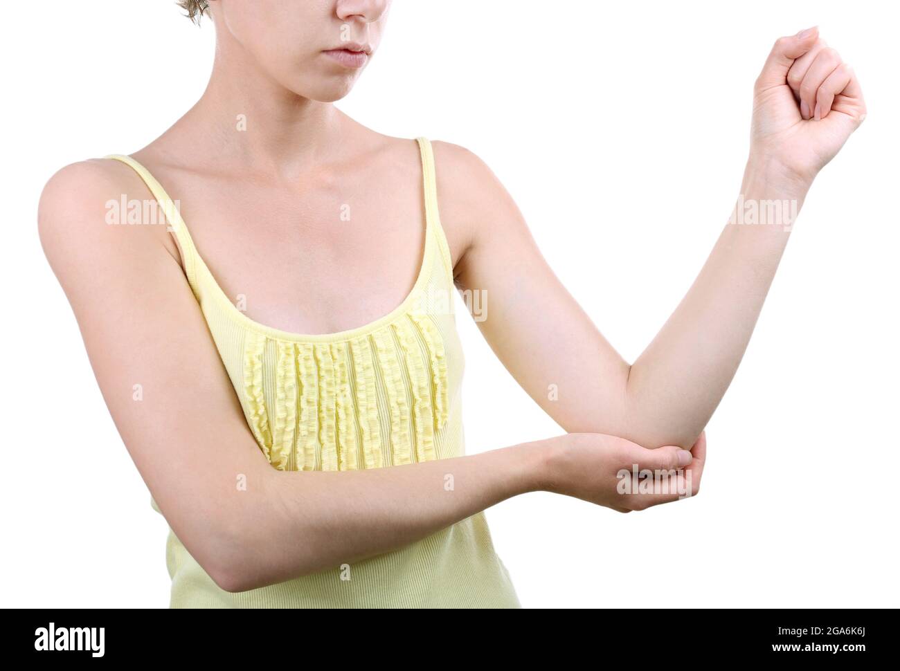 Young woman with elbow pain isolated on white Stock Photo Alamy