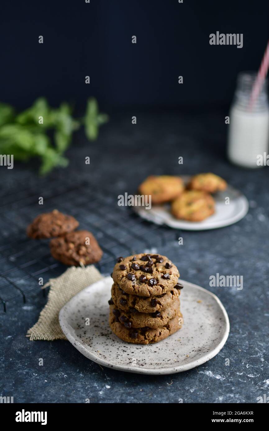chocolate chip cookies on a plate Stock Photo