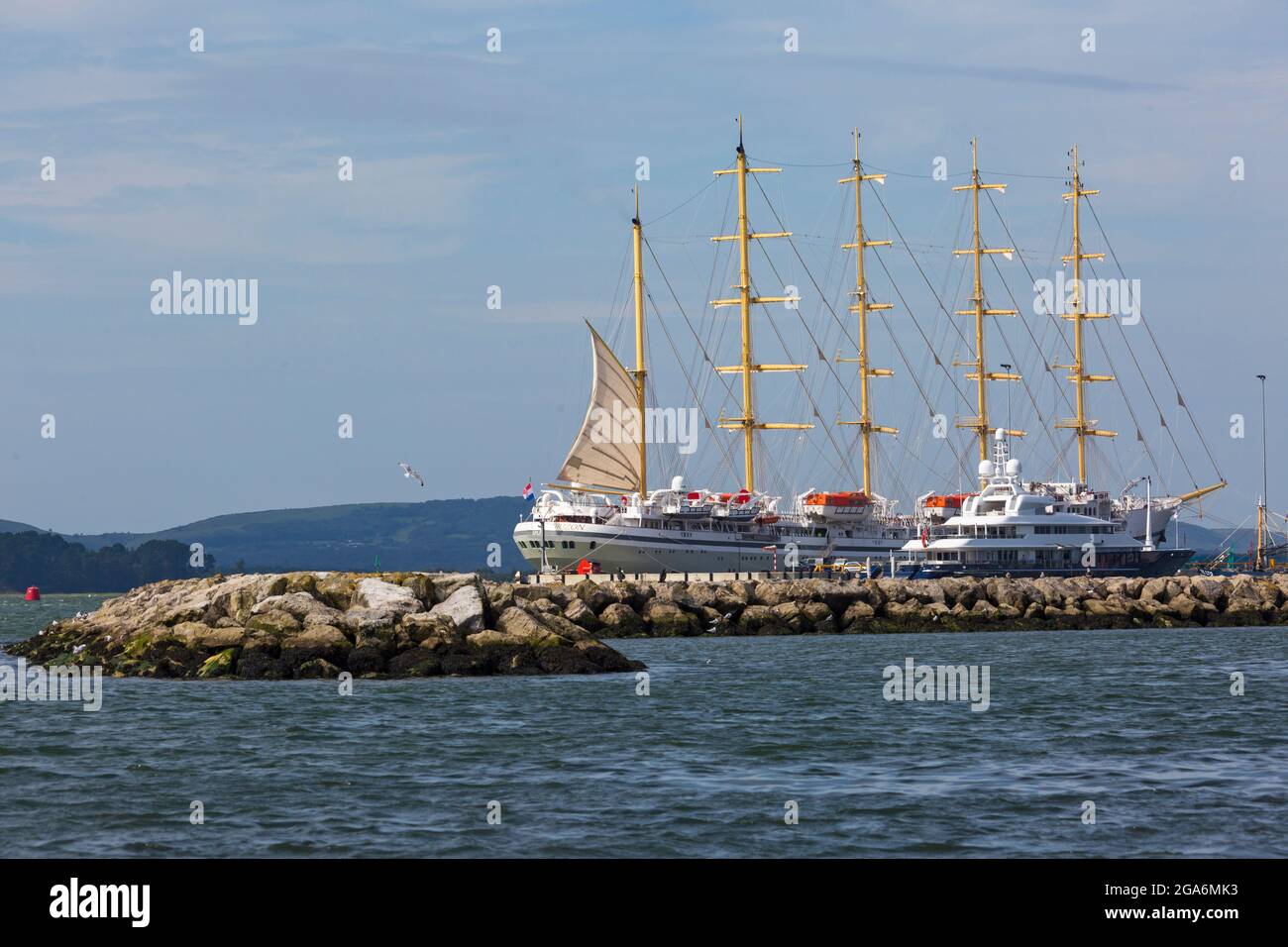 Poole, Dorset, UK. 29th July, 2021. Golden Horizon luxury cruise ship, the World's largest square-rigged sailing vessel, five-mast, iron-hulled cruise liner, moored in Poole Harbour, arriving in port this morning.  Credit: Carolyn Jenkins/Alamy Live News Stock Photo